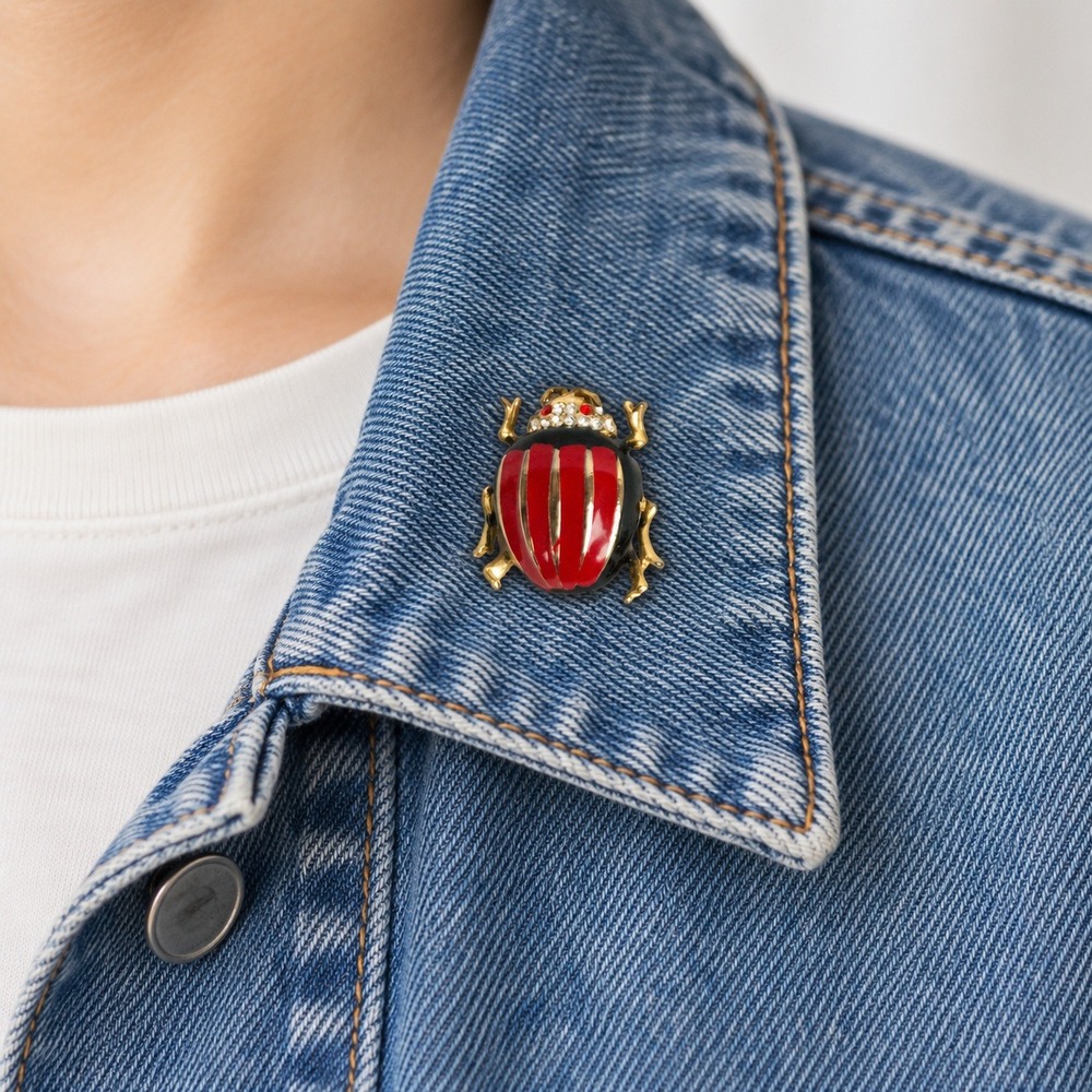 Vintage Red and Black Enamel Beetle Brooch Gold Tone Rhinestone Insect Pin